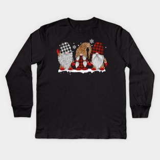 Three Gnomes In Leopard Printed Buffalo Plaid Christmas Gift Shirt Kids Long Sleeve T-Shirt